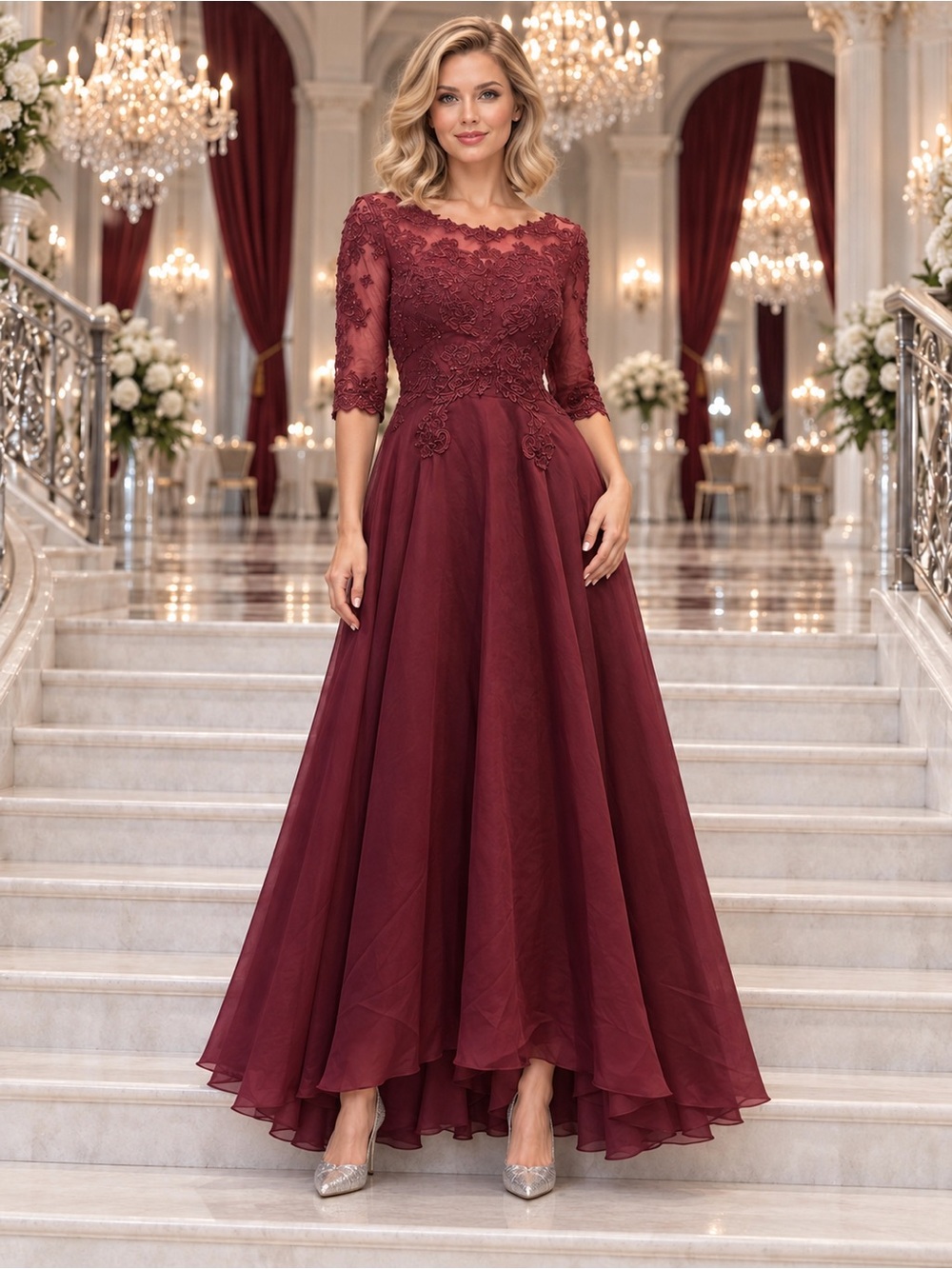 NWT Burgundy Lace Chiffon Corset A-Line Mother of the Bride Wedding Sz 10 Pocket